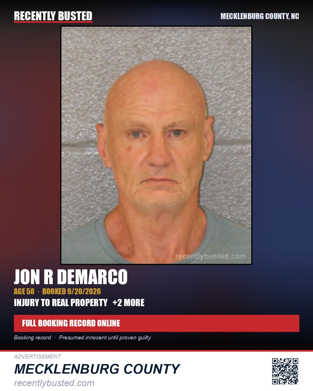JON R DEMARCO — arrest record card, Mecklenburg County, North Carolina