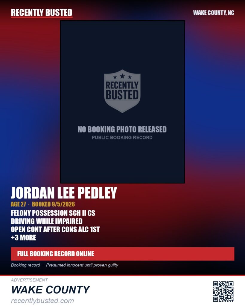 JORDAN LEE PEDLEY — arrest record card, Wake County, North Carolina