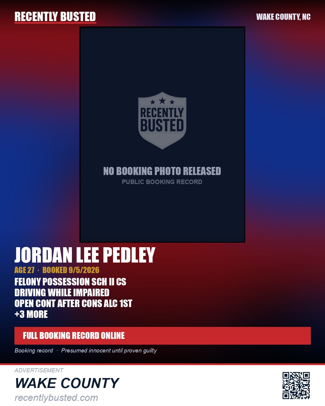 JORDAN LEE PEDLEY — arrest record card, Wake County, North Carolina