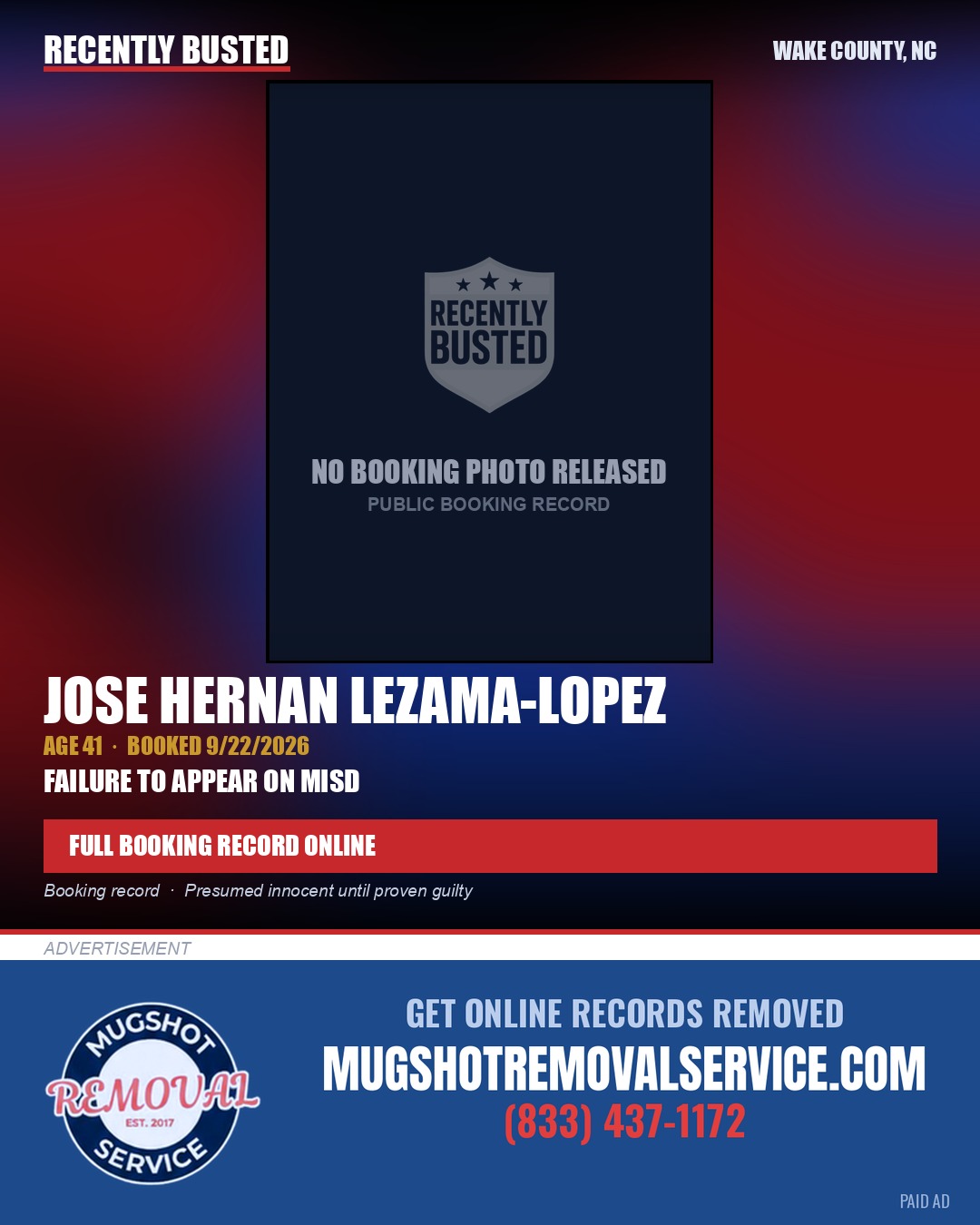JOSE HERNAN LEZAMA-LOPEZ — arrest record card, Wake County, North Carolina
