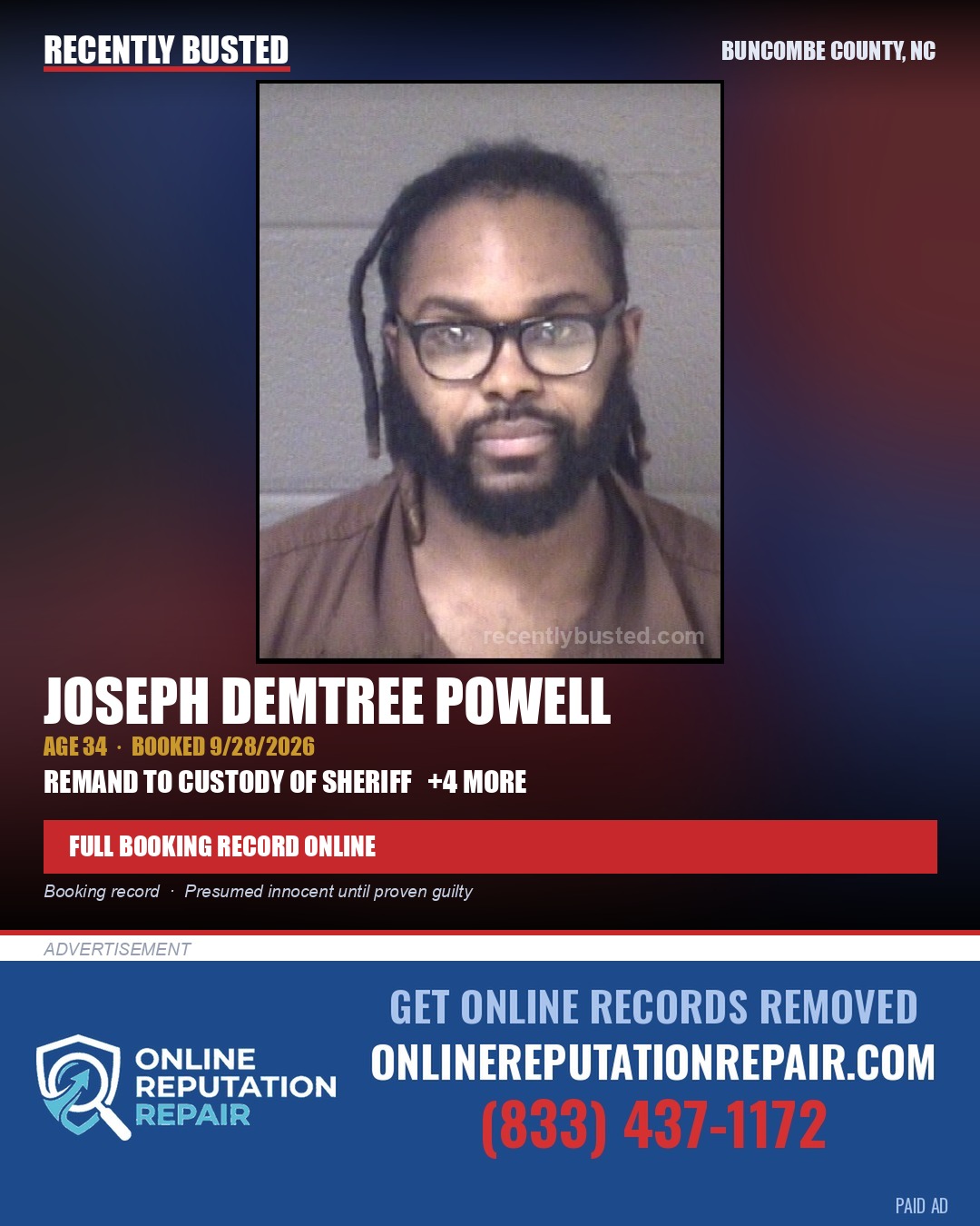 JOSEPH DEMTREE POWELL — arrest record card, Buncombe County, North Carolina