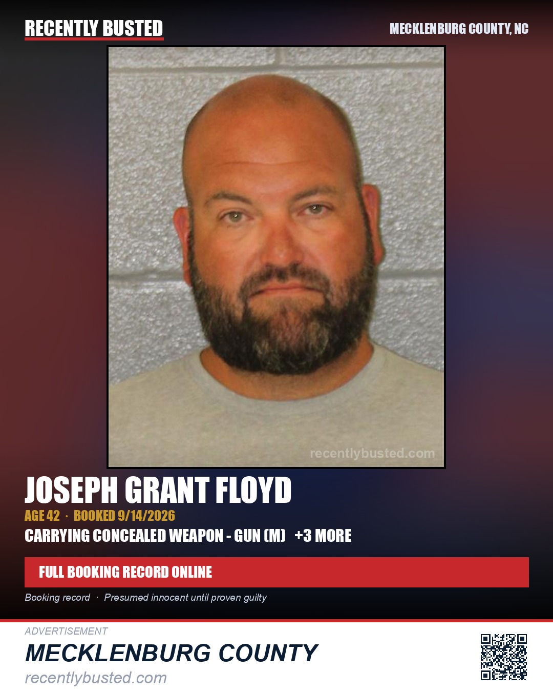 JOSEPH GRANT FLOYD — arrest record card, Mecklenburg County, North Carolina