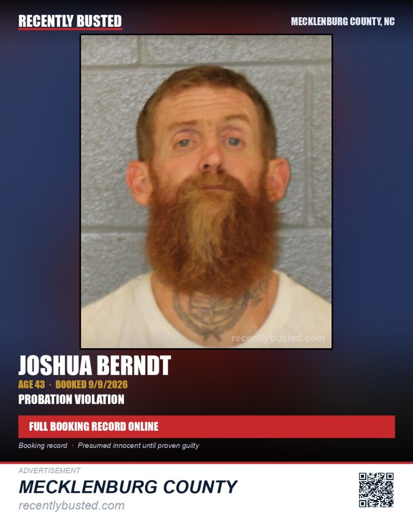 JOSHUA BERNDT — arrest record card, Mecklenburg County, North Carolina