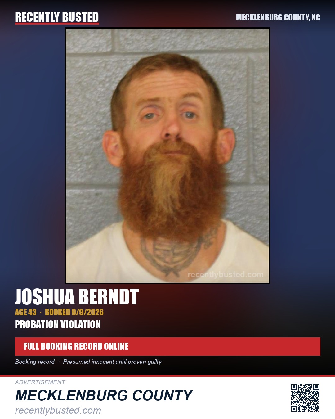 JOSHUA BERNDT — arrest record card, Mecklenburg County, North Carolina