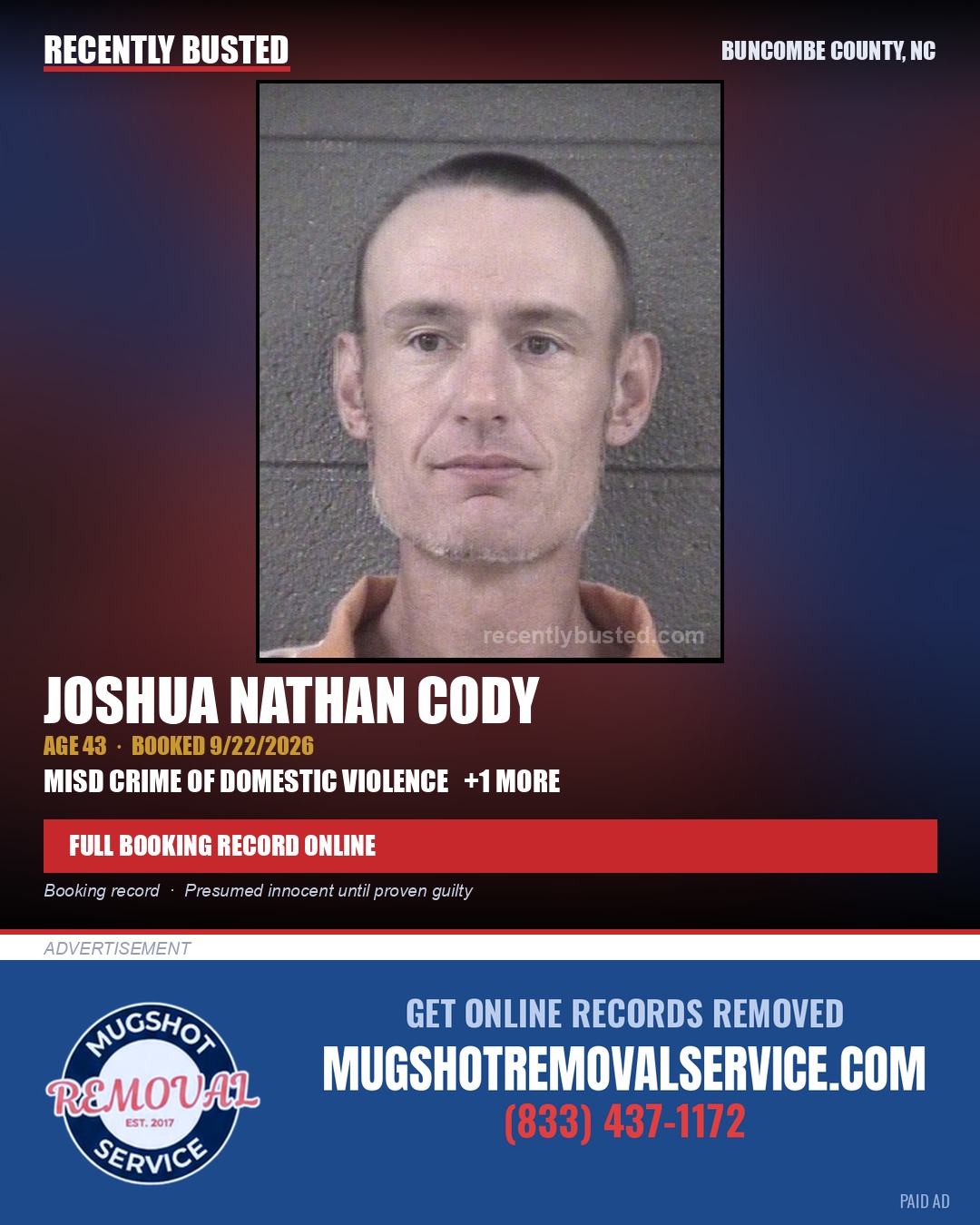 JOSHUA NATHAN CODY — arrest record card, Buncombe County, North Carolina
