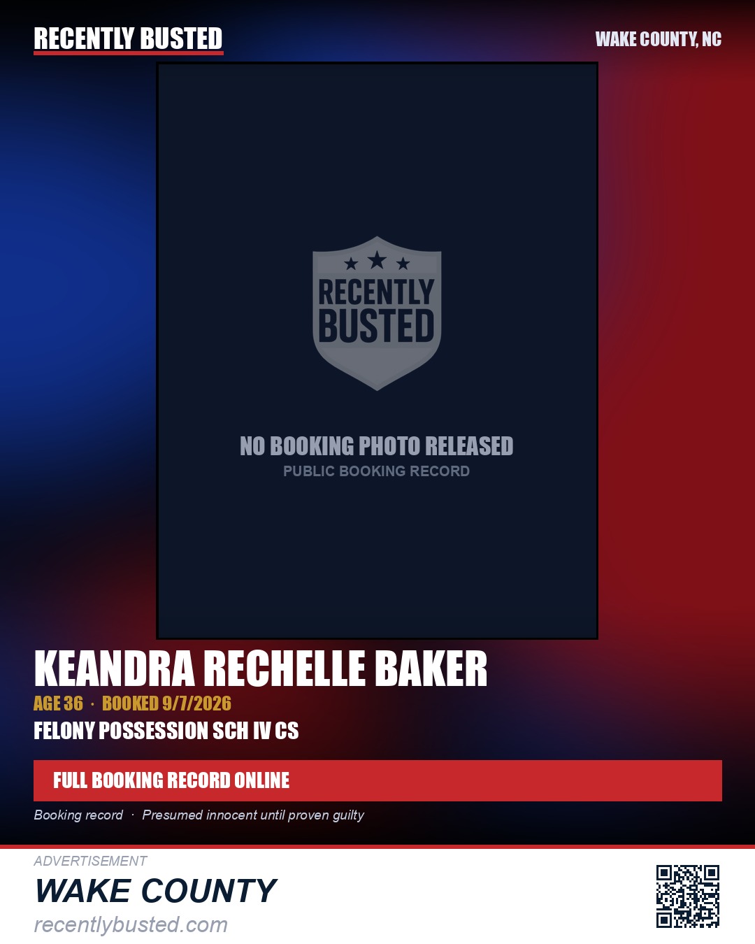 KEANDRA RECHELLE BAKER — arrest record card, Wake County, North Carolina