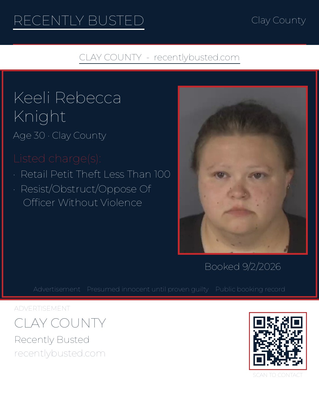 KEELI REBECCA KNIGHT — arrest record card, Clay County, Florida