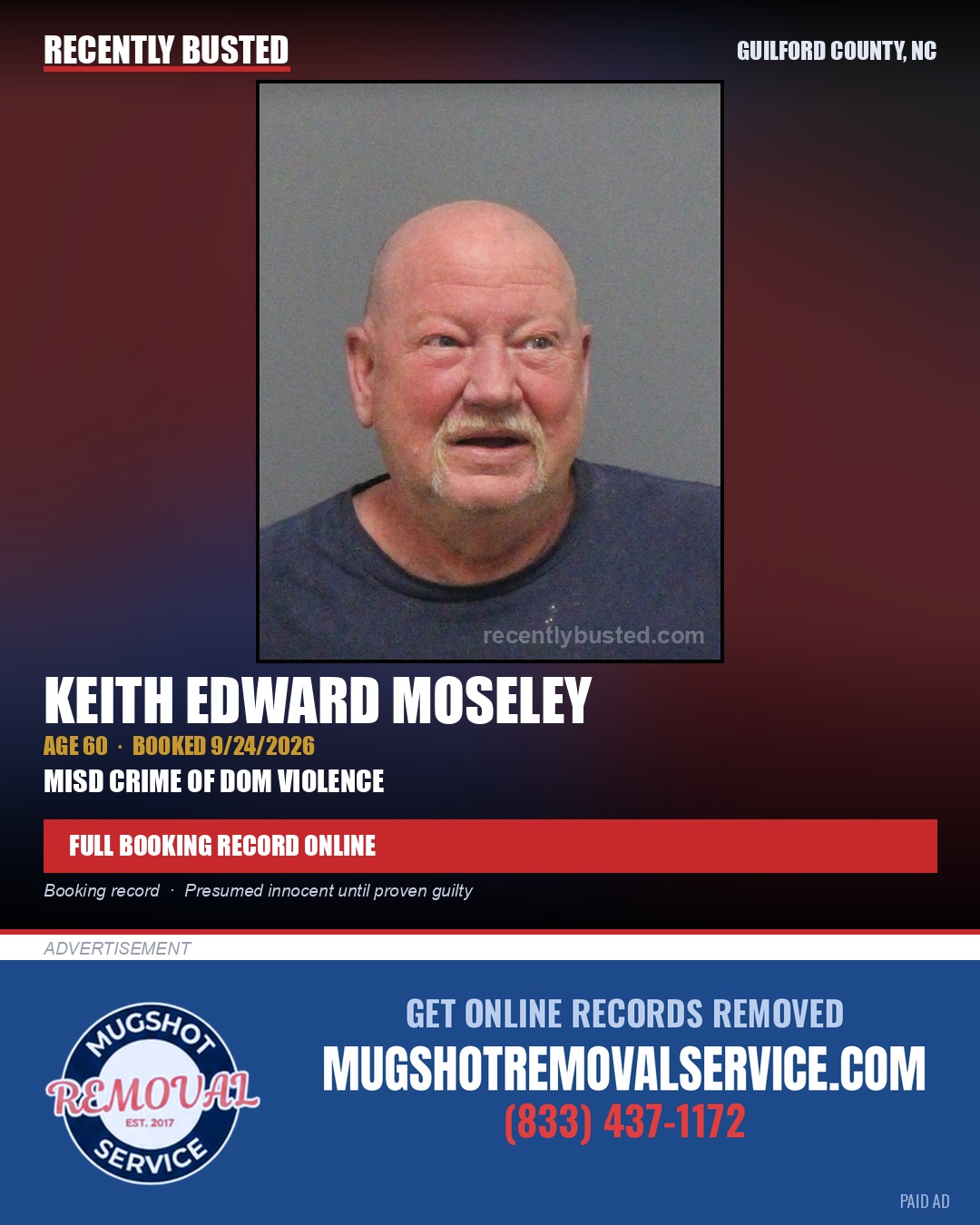 KEITH EDWARD MOSELEY — arrest record card, Guilford County, North Carolina