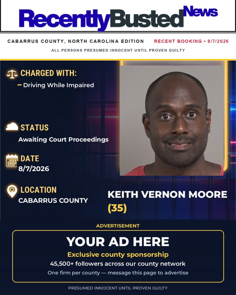 KEITH VERNON MOORE — arrest record card, Cabarrus County