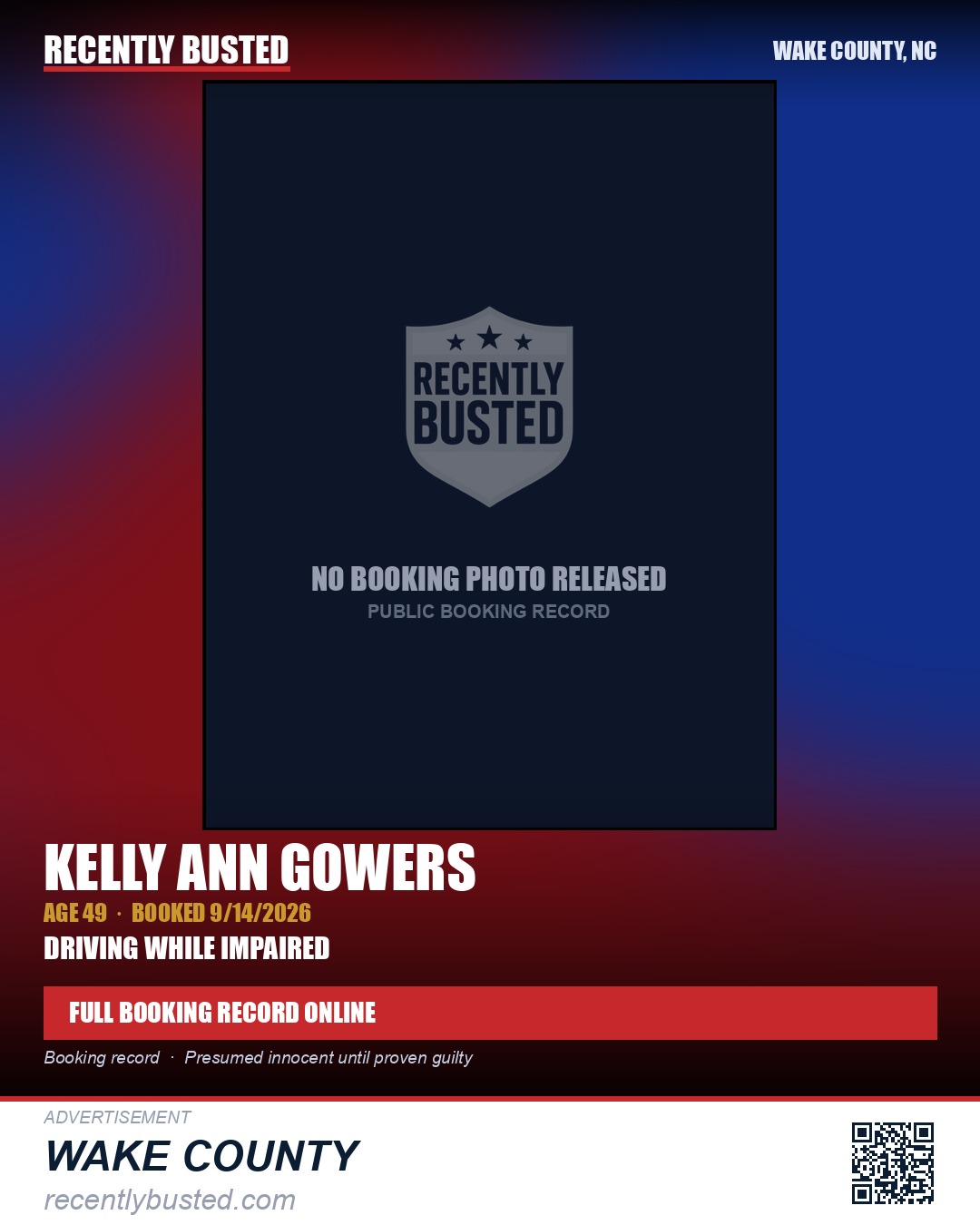 KELLY ANN GOWERS — arrest record card, Wake County, North Carolina