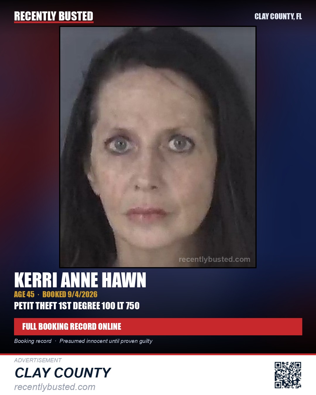 KERRI ANNE HAWN — arrest record card, Clay County, Florida