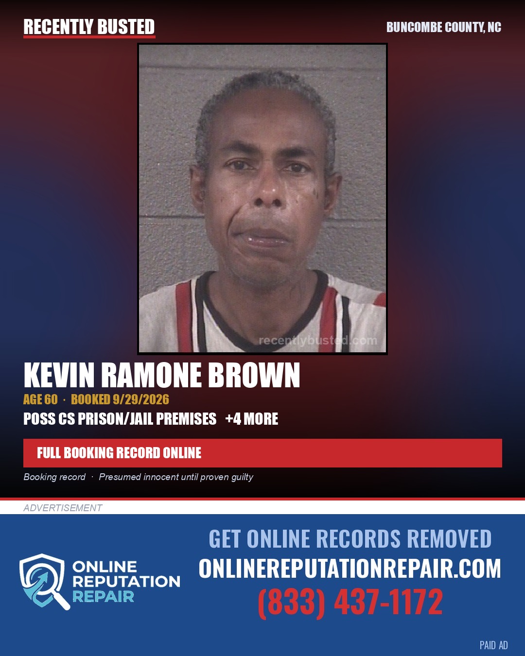 KEVIN RAMONE BROWN — arrest record card, Buncombe County, North Carolina