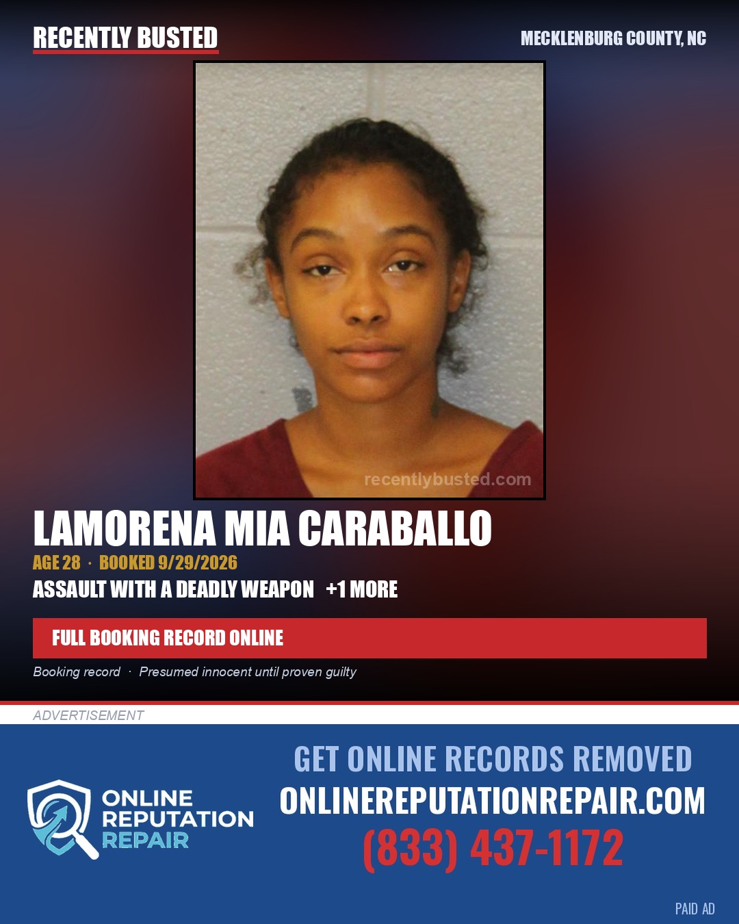 LAMORENA MIA CARABALLO — arrest record card, Mecklenburg County, North Carolina