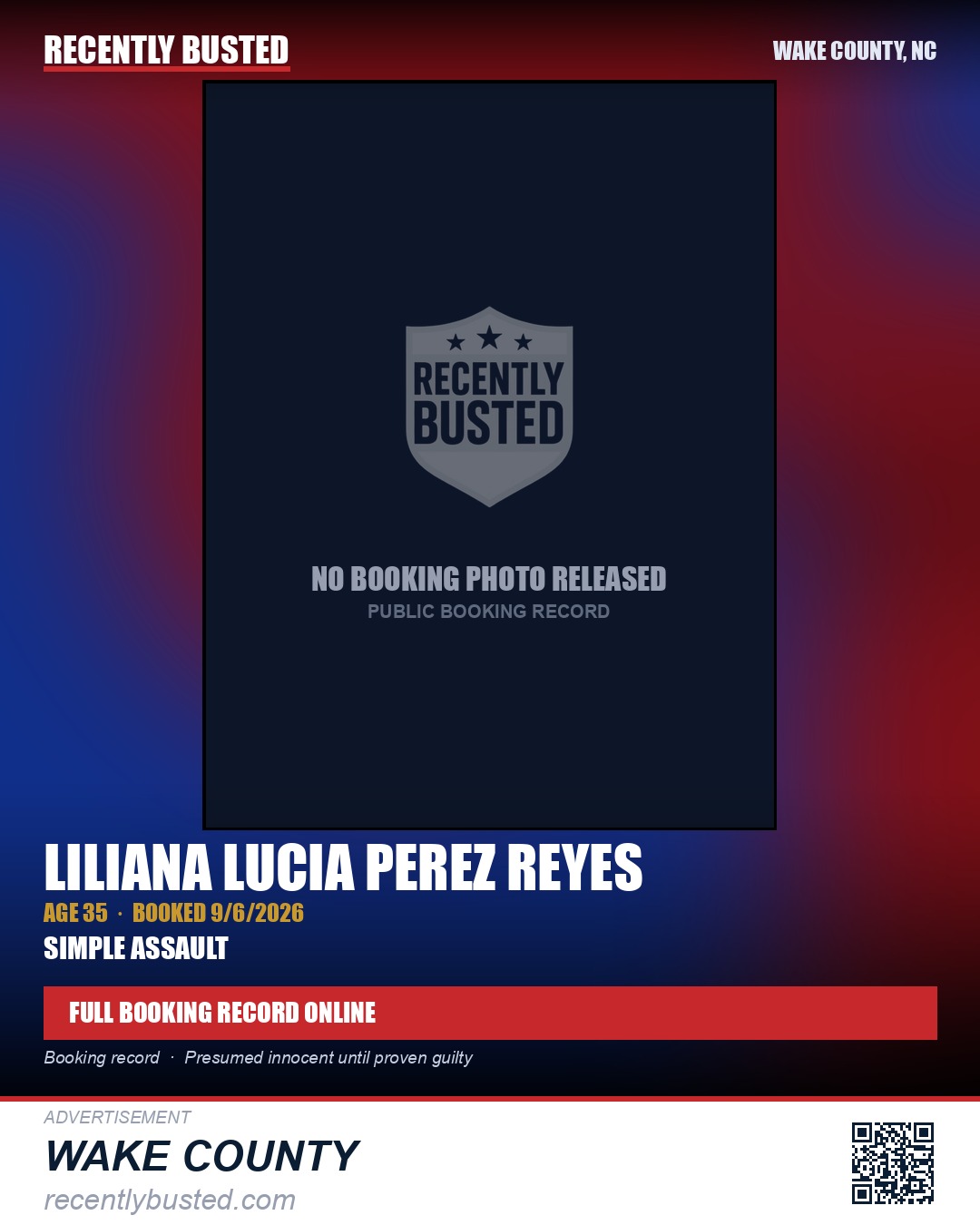 LILIANA LUCIA PEREZ REYES — arrest record card, Wake County, North Carolina
