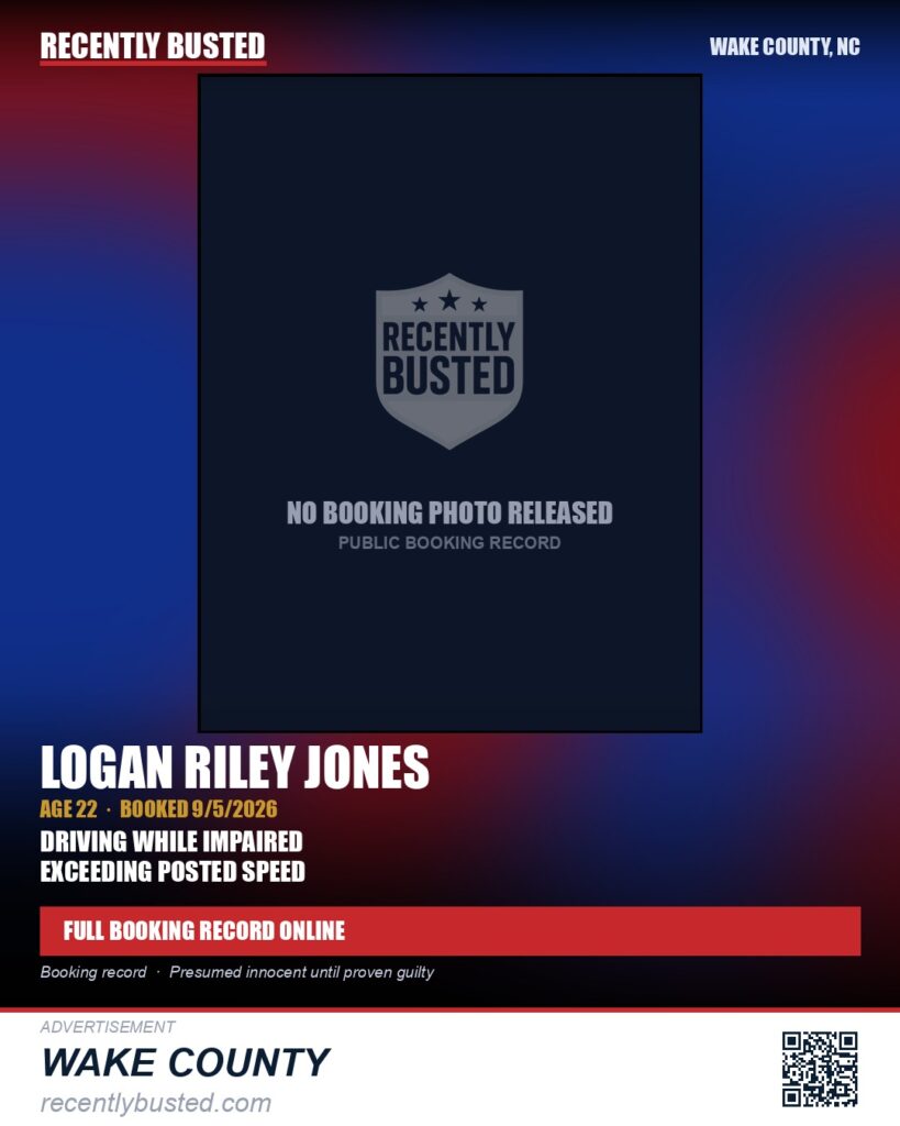 LOGAN RILEY JONES — arrest record card, Wake County, North Carolina