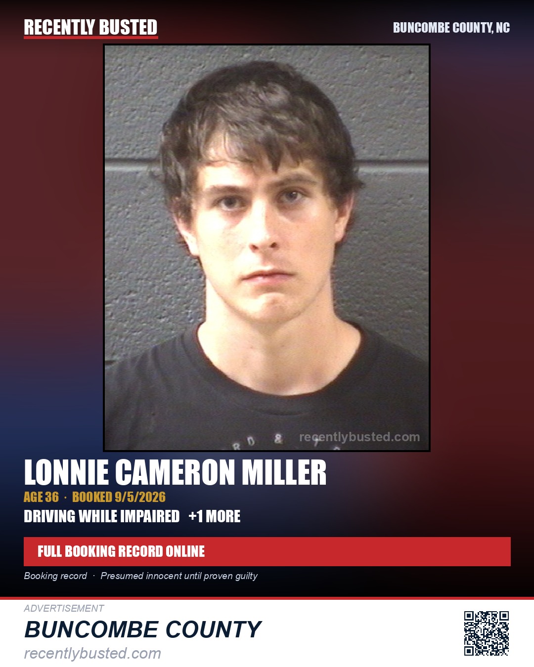 LONNIE CAMERON MILLER — arrest record card, Buncombe County, North Carolina