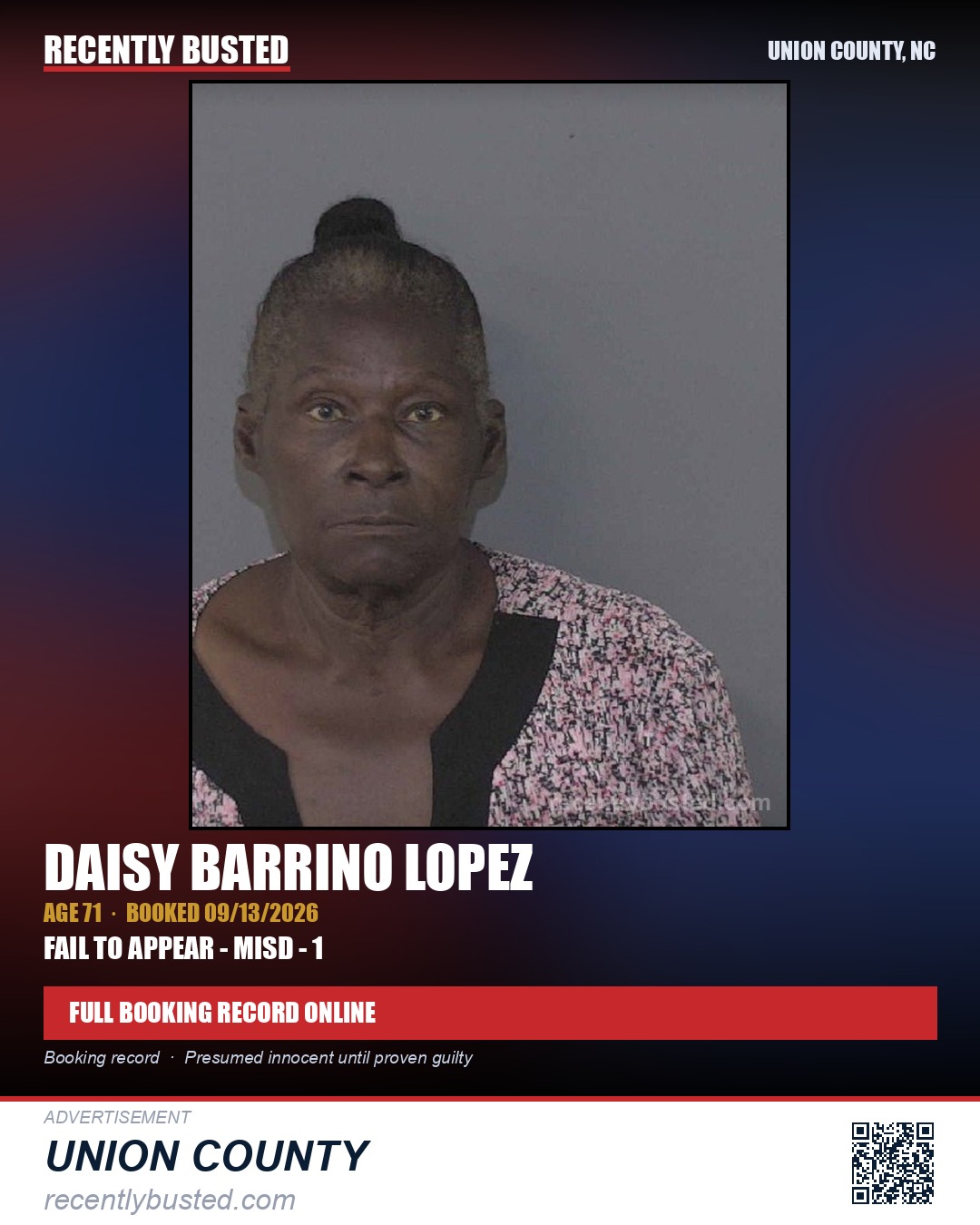 LOPEZ, DAISY BARRINO — arrest record card, Union County, North Carolina