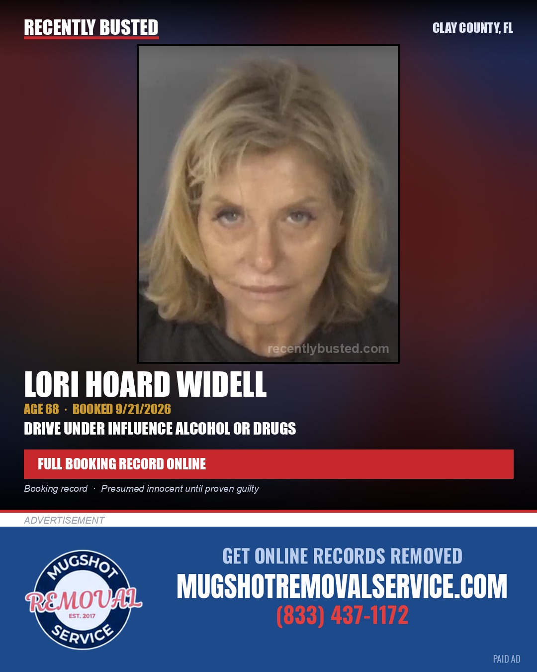 LORI HOARD WIDELL — arrest record card, Clay County, Florida