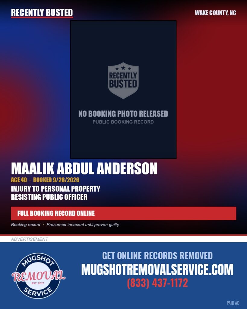 MAALIK ABDUL ANDERSON — arrest record card, Wake County, North Carolina