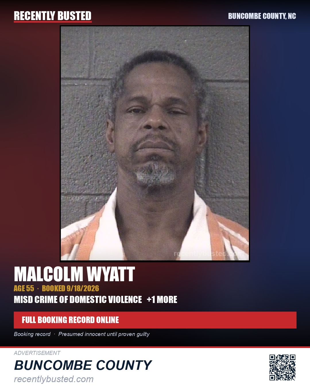MALCOLM WYATT — arrest record card, Buncombe County, North Carolina