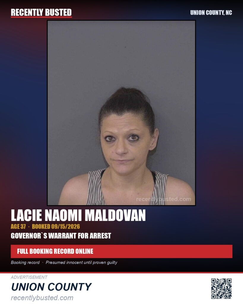 MALDOVAN, LACIE NAOMI — arrest record card, Union County, North Carolina
