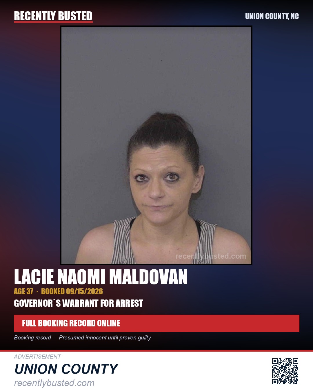 MALDOVAN, LACIE NAOMI — arrest record card, Union County, North Carolina