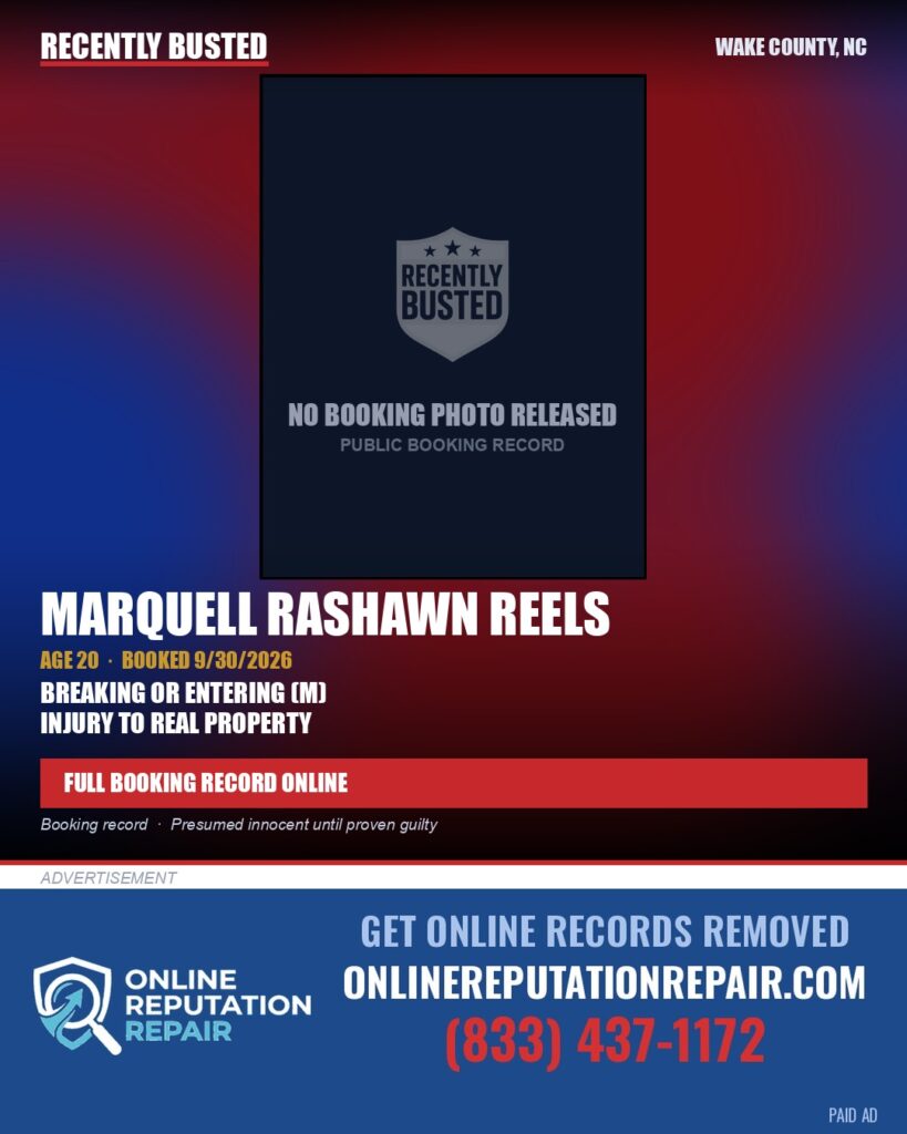 MARQUELL RASHAWN REELS — arrest record card, Wake County, North Carolina