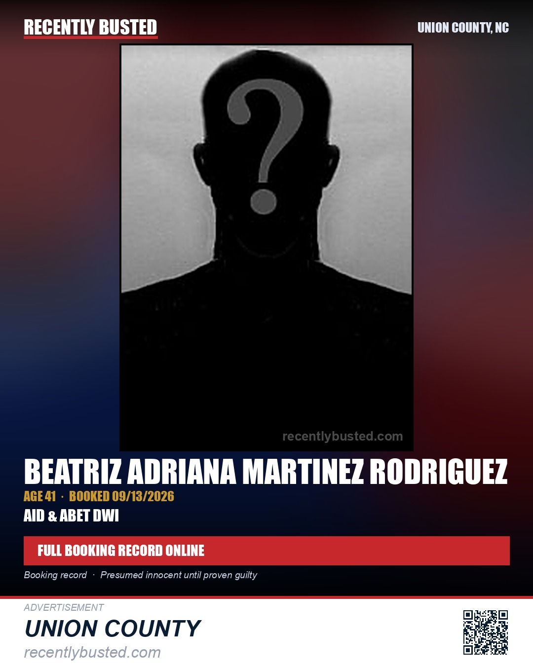 MARTINEZ RODRIGUEZ, BEATRIZ ADRIANA — arrest record card, Union County, North Carolina