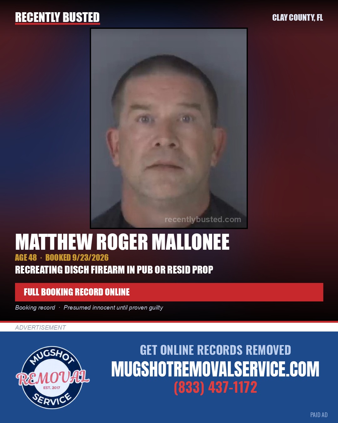 MATTHEW ROGER MALLONEE — arrest record card, Clay County, Florida