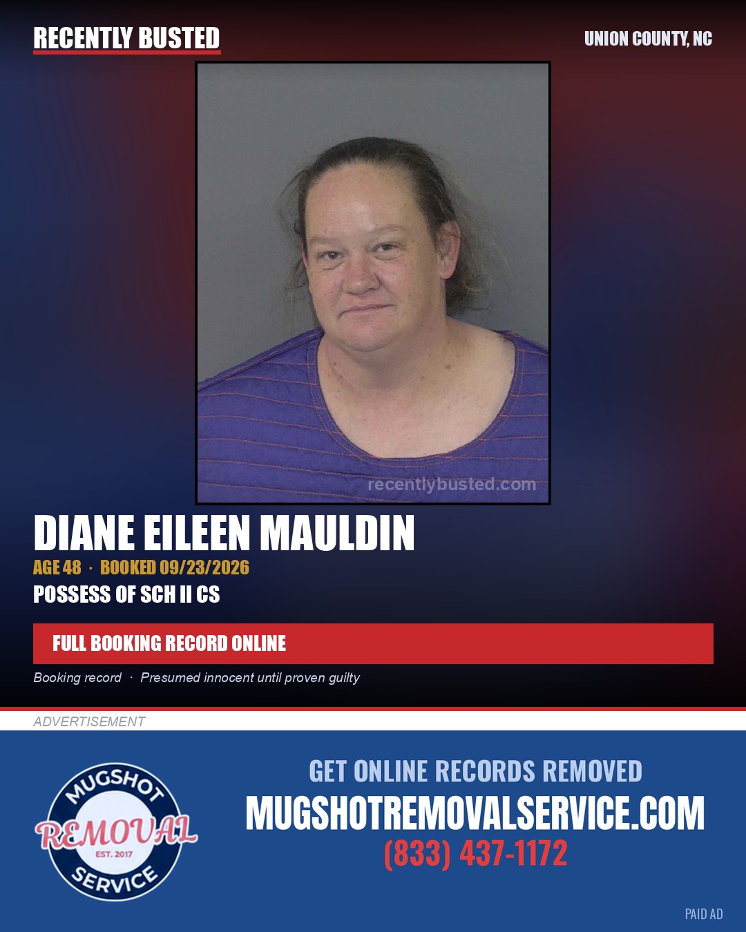 MAULDIN, DIANE EILEEN — arrest record card, Union County, North Carolina