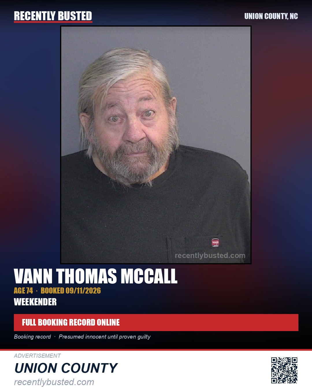 MCCALL, VANN THOMAS — arrest record card, Union County, North Carolina
