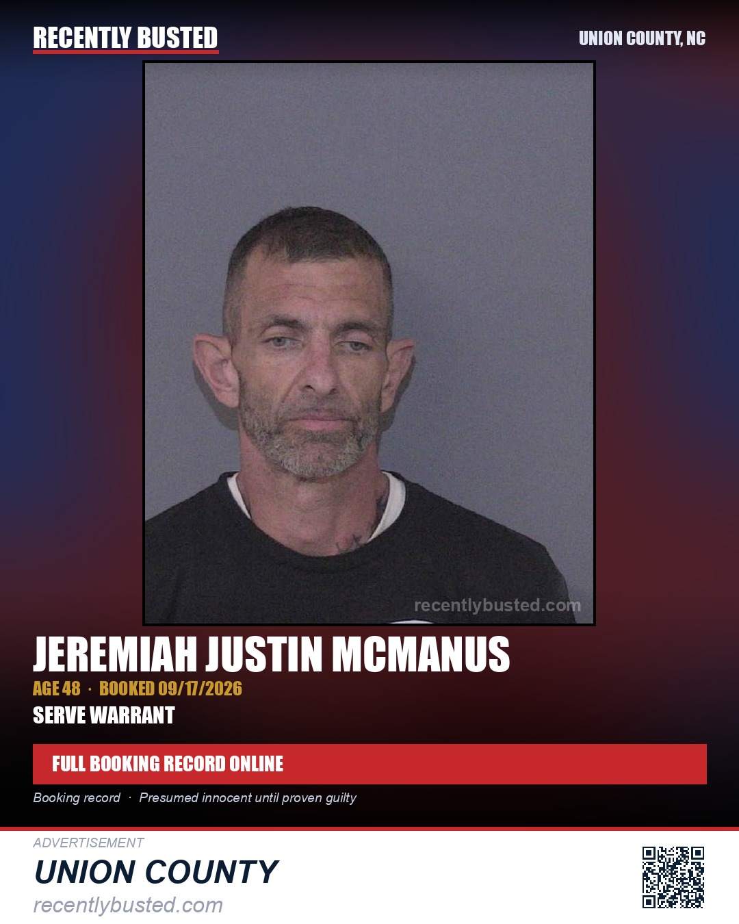 MCMANUS, JEREMIAH JUSTIN — arrest record card, Union County, North Carolina