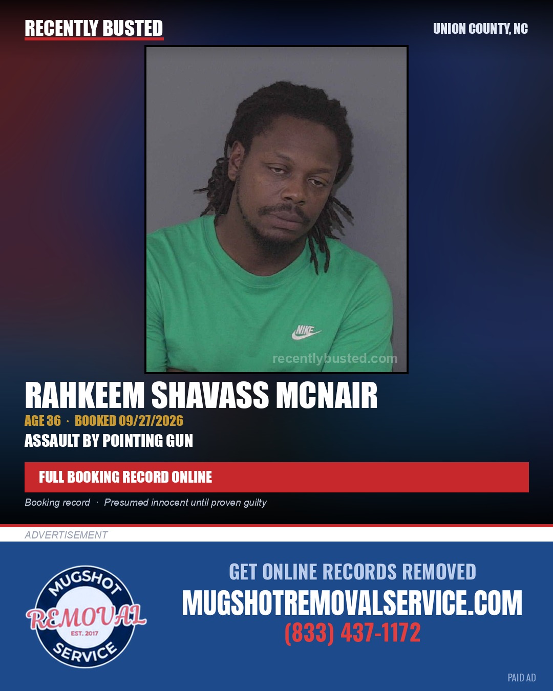 MCNAIR, RAHKEEM SHAVASS — arrest record card, Union County, North Carolina