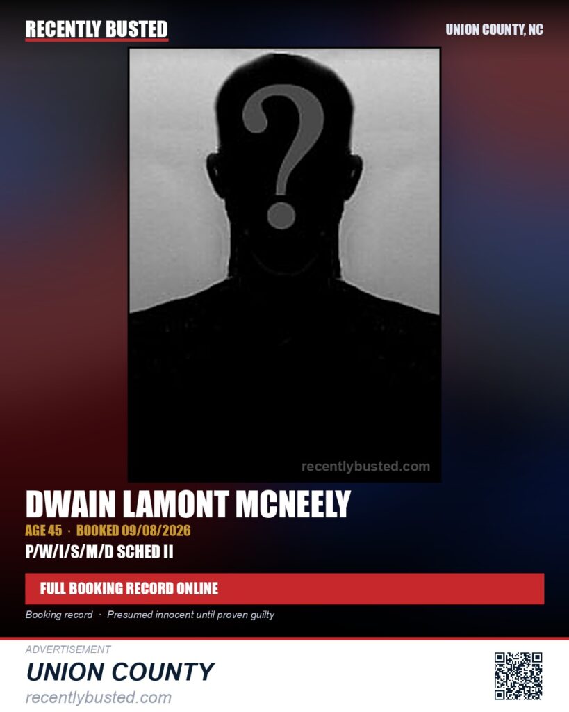 MCNEELY, DWAIN LAMONT — arrest record card, Union County, North Carolina