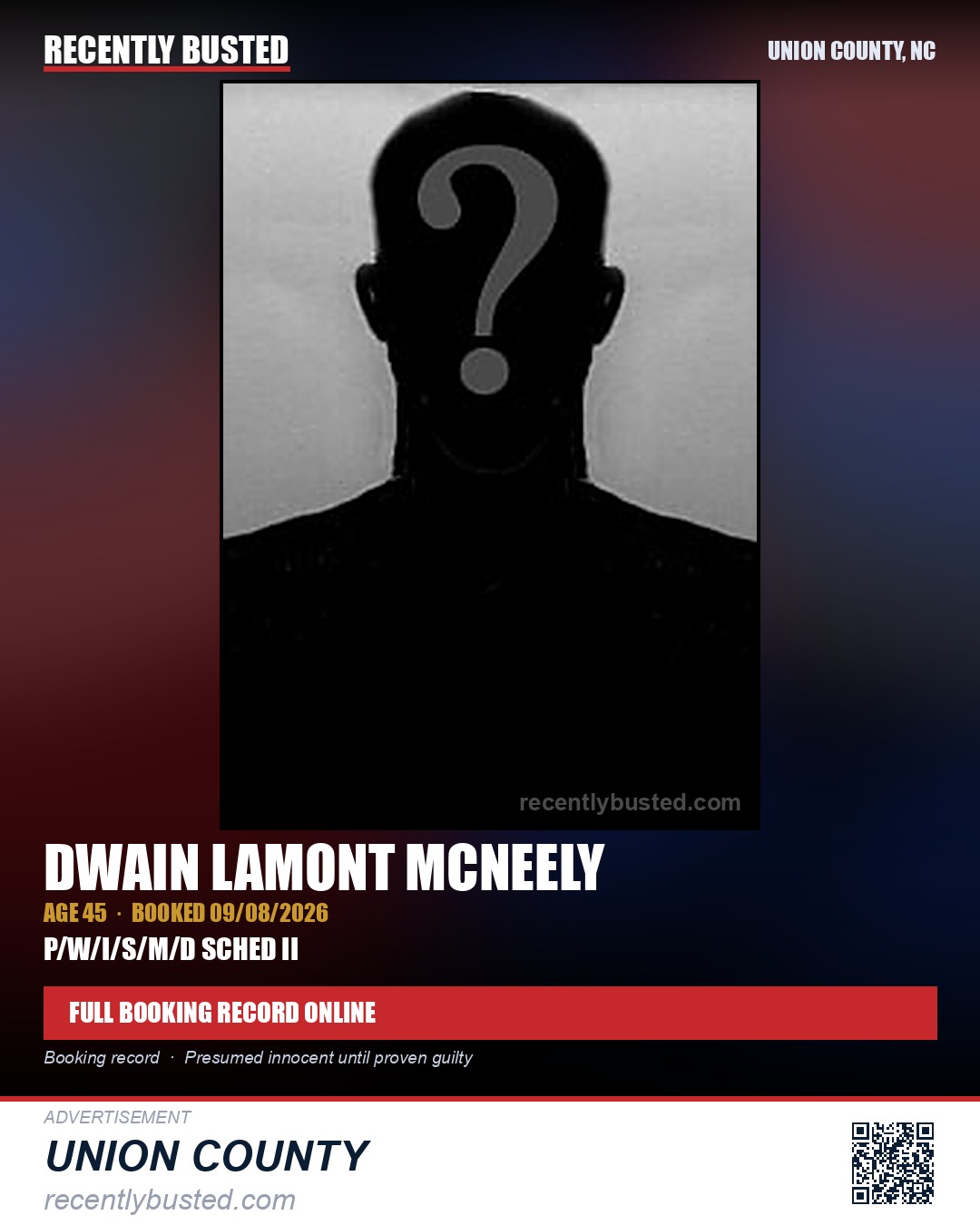 MCNEELY, DWAIN LAMONT — arrest record card, Union County, North Carolina