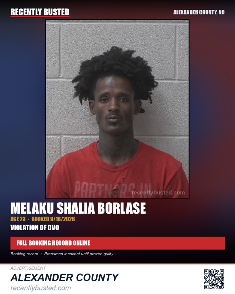 MELAKU SHALIA BORLASE — arrest record card, Alexander County, North Carolina
