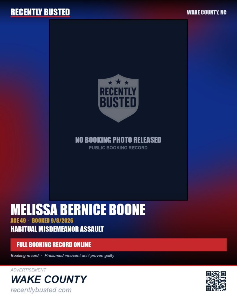 MELISSA BERNICE BOONE — arrest record card, Wake County, North Carolina