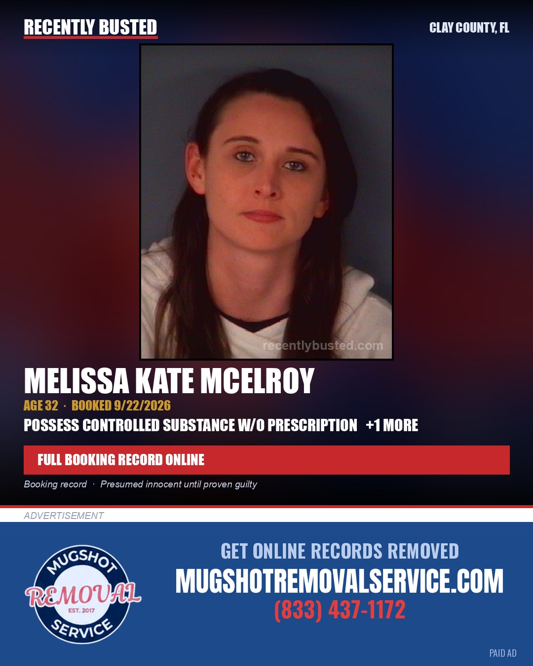 MELISSA KATE MCELROY — arrest record card, Clay County, Florida