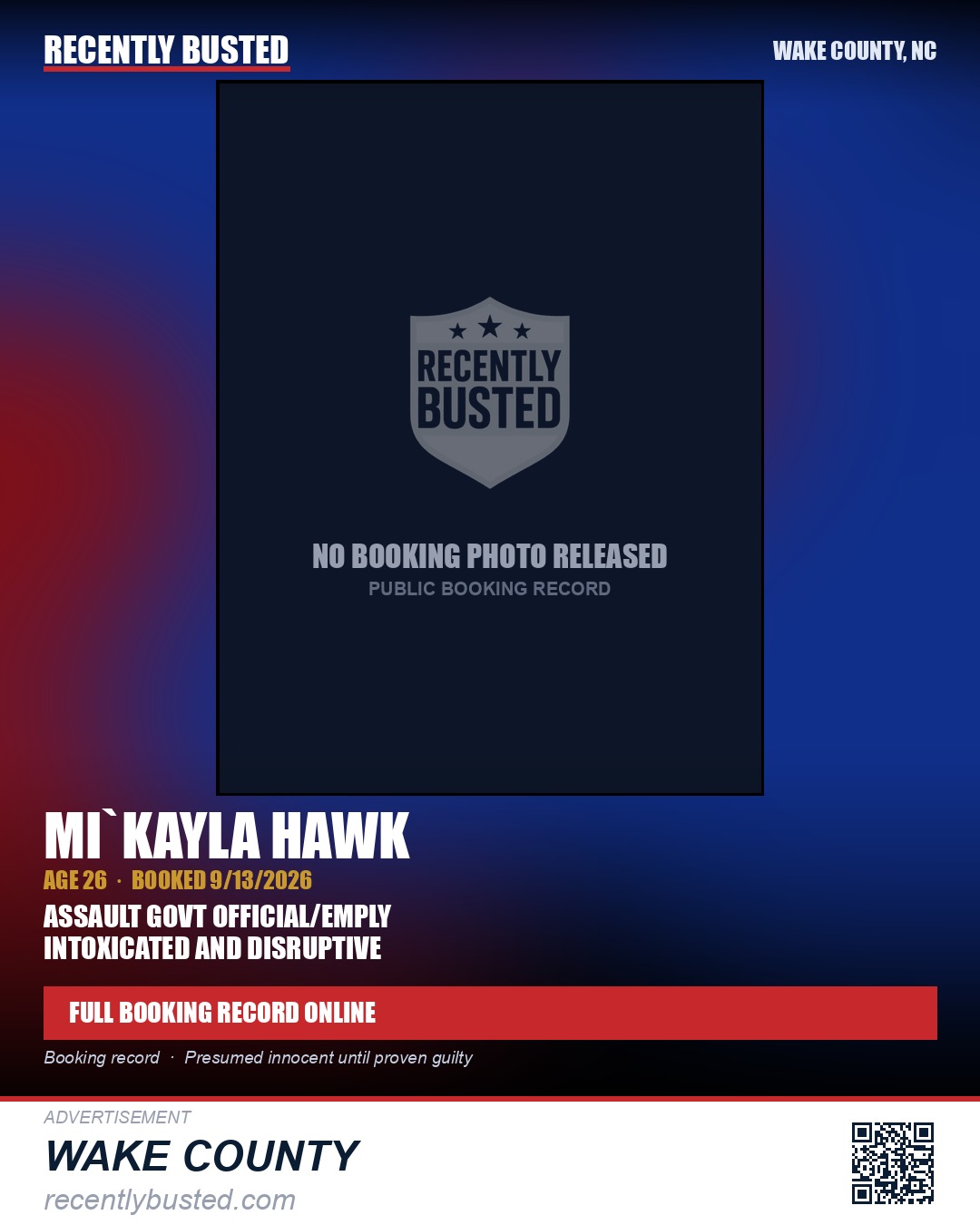 MI`KAYLA HAWK — arrest record card, Wake County, North Carolina