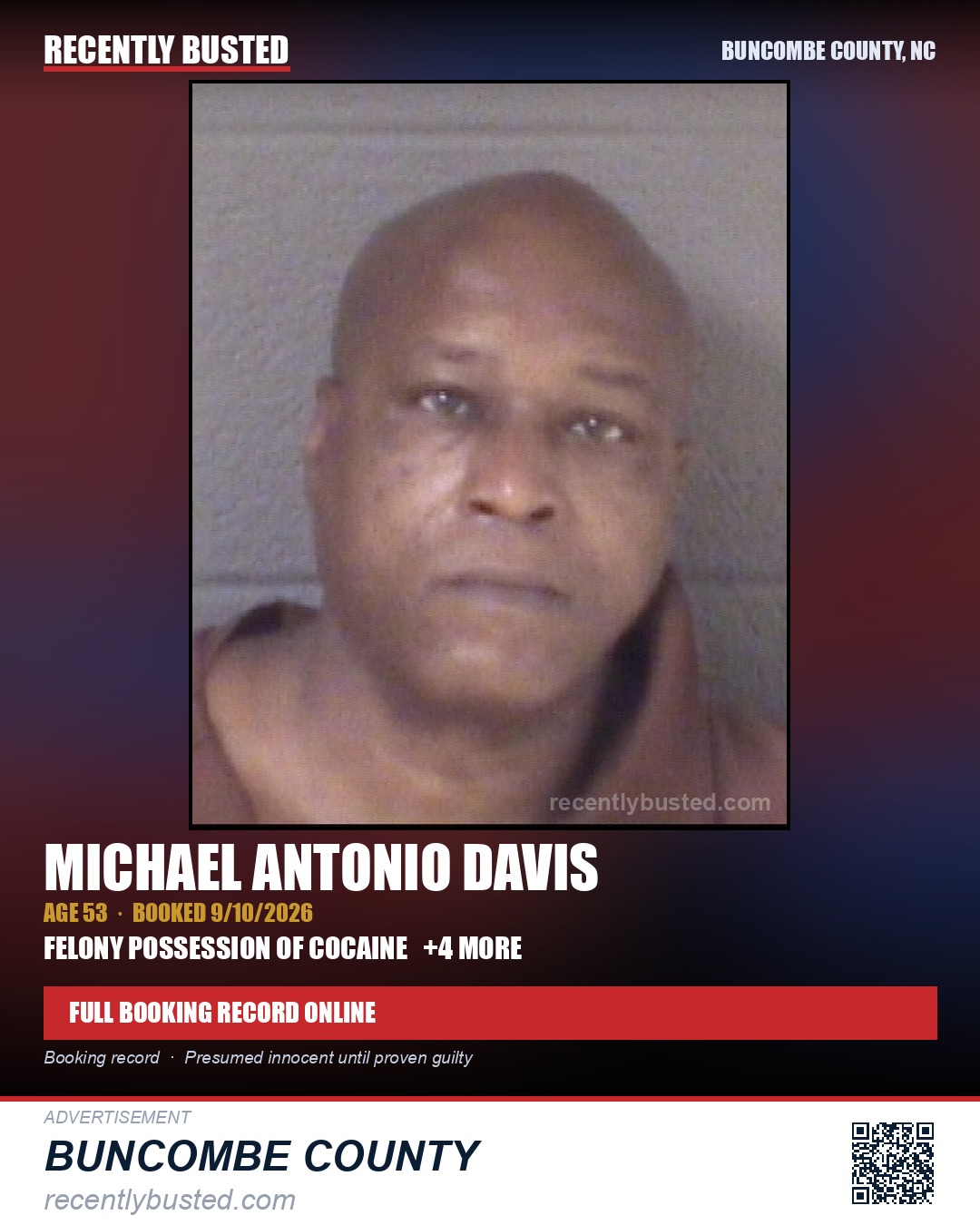 MICHAEL ANTONIO DAVIS — arrest record card, Buncombe County, North Carolina
