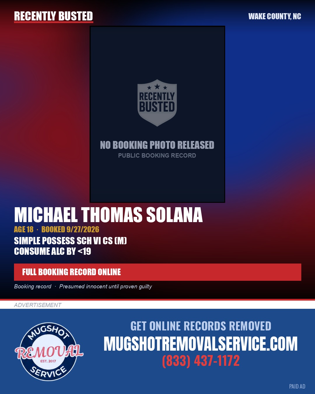 MICHAEL THOMAS SOLANA — arrest record card, Wake County, North Carolina