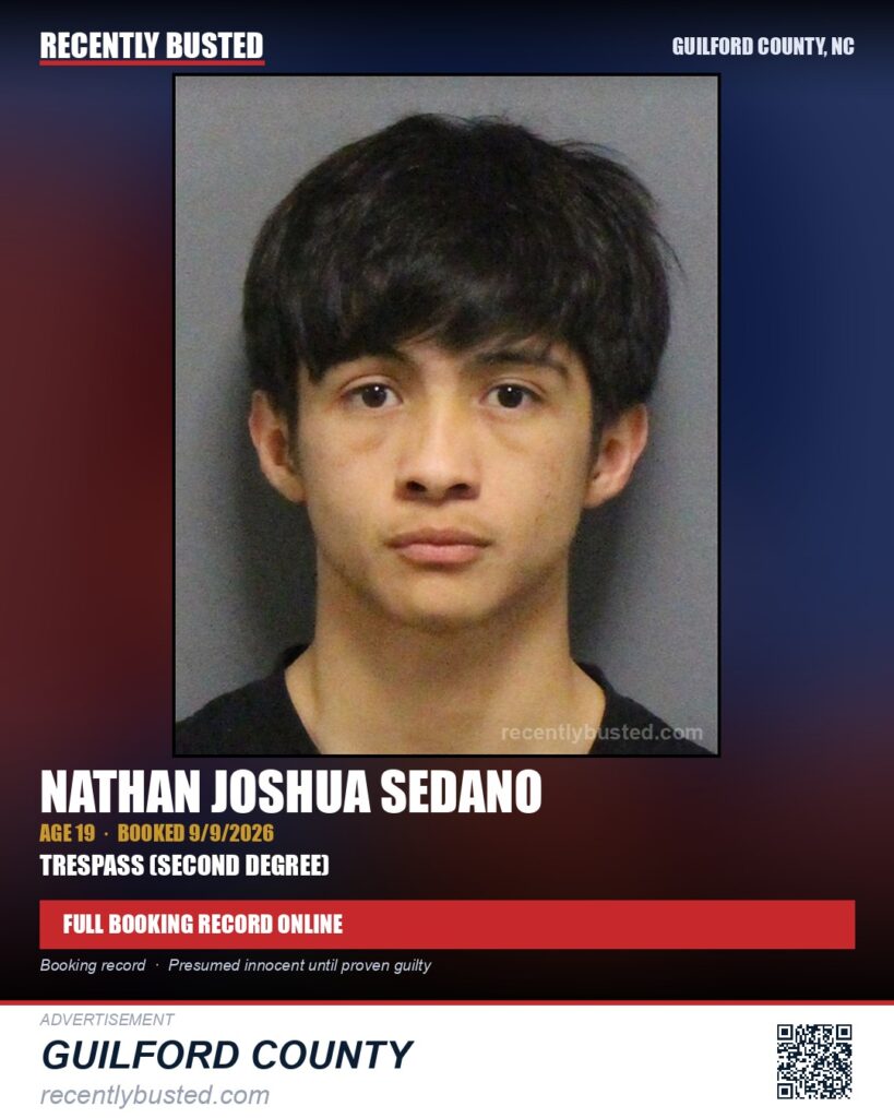 NATHAN JOSHUA SEDANO — arrest record card, Guilford County, North Carolina