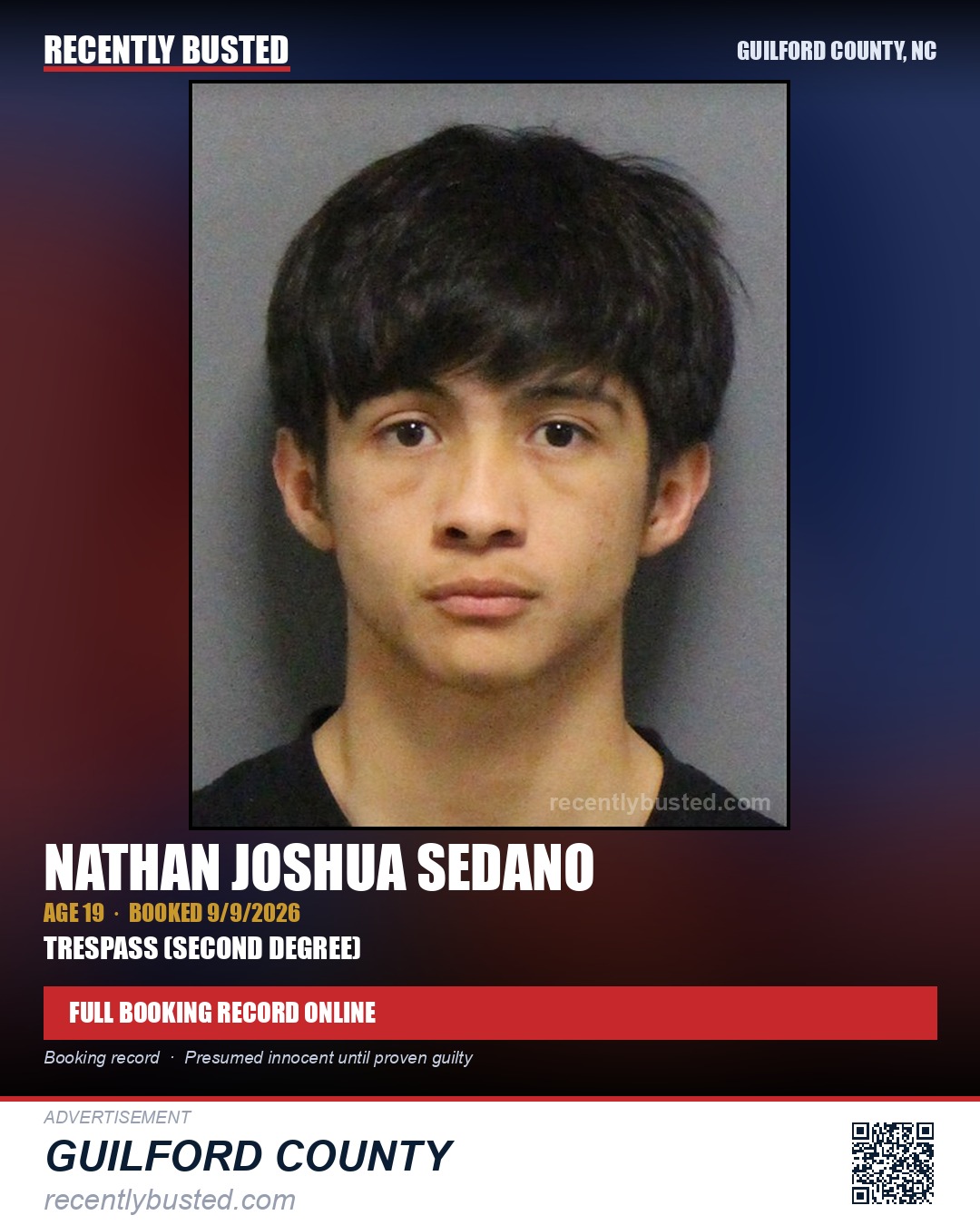 NATHAN JOSHUA SEDANO — arrest record card, Guilford County, North Carolina