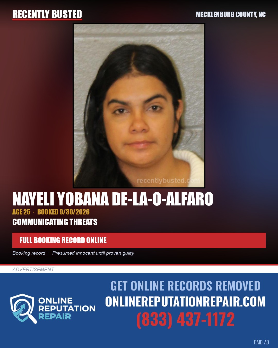 NAYELI YOBANA DE-LA-O-ALFARO — arrest record card, Mecklenburg County, North Carolina