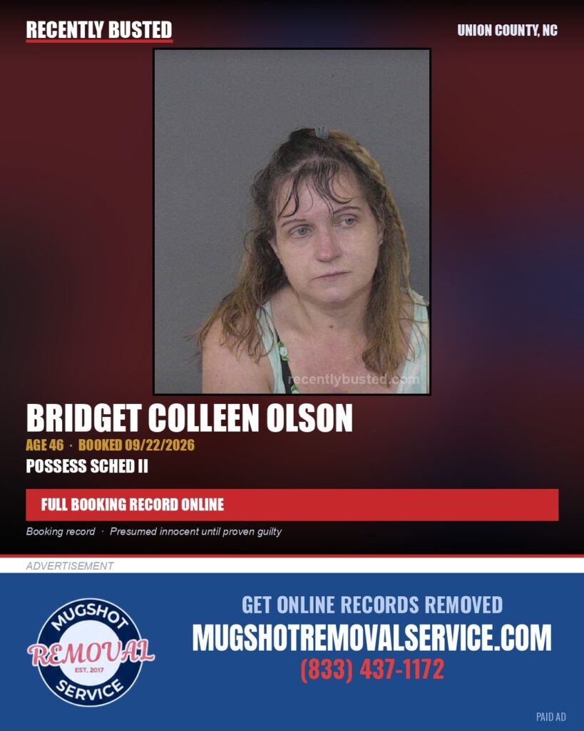 OLSON, BRIDGET COLLEEN — arrest record card, Union County, North Carolina