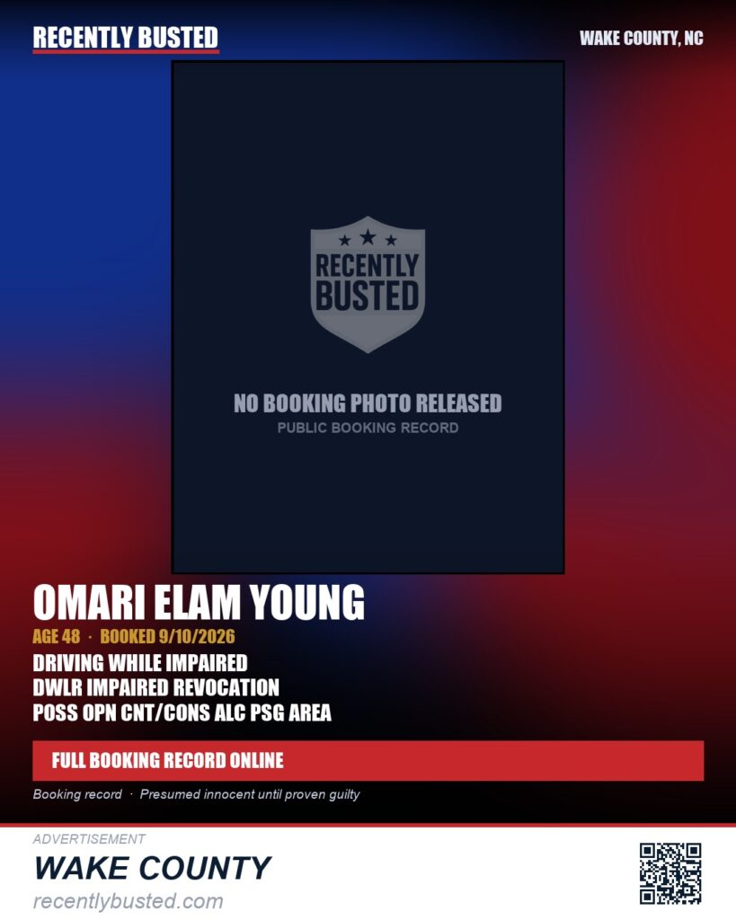 OMARI ELAM YOUNG — arrest record card, Wake County, North Carolina