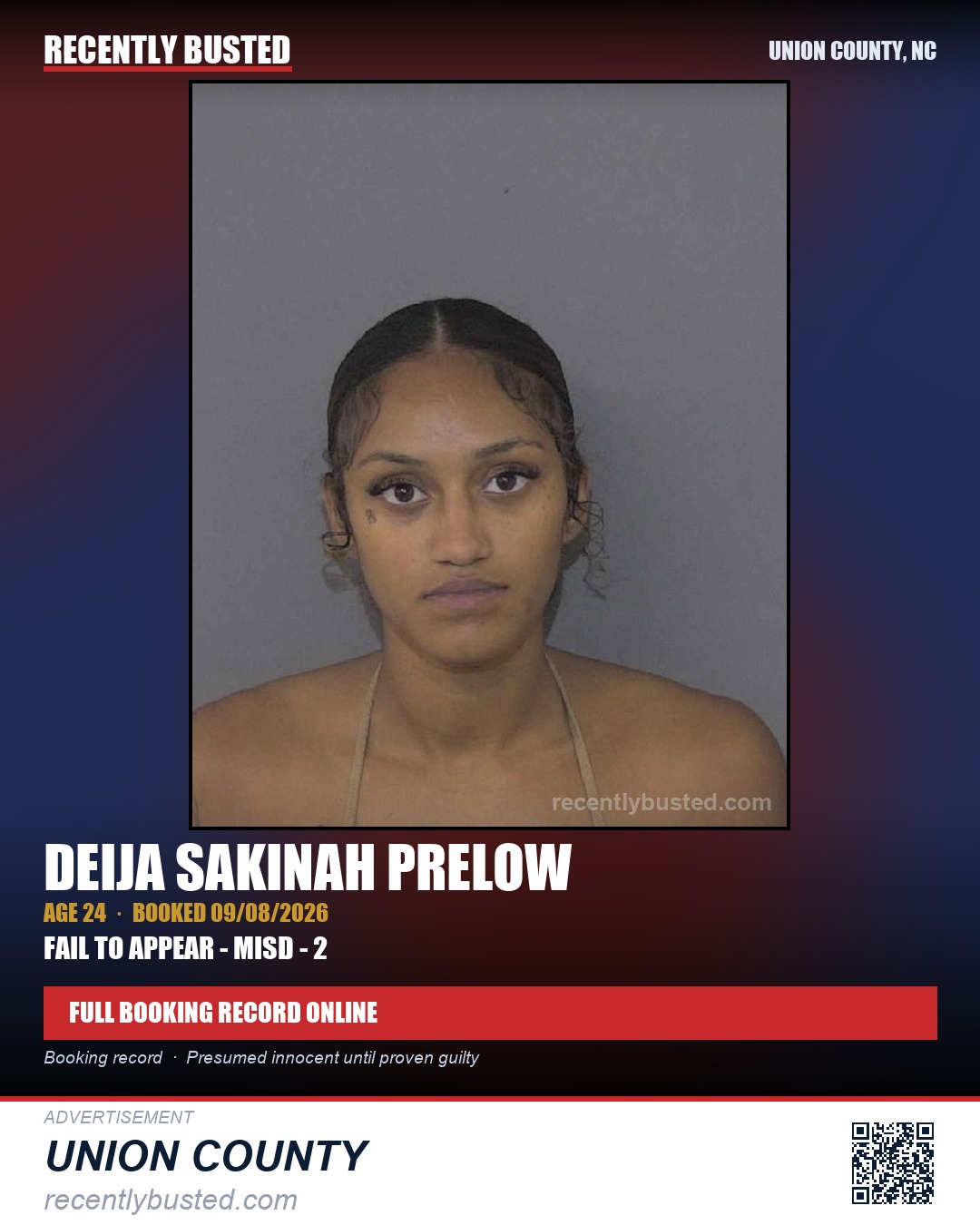 PRELOW, DEIJA SAKINAH — arrest record card, Union County, North Carolina