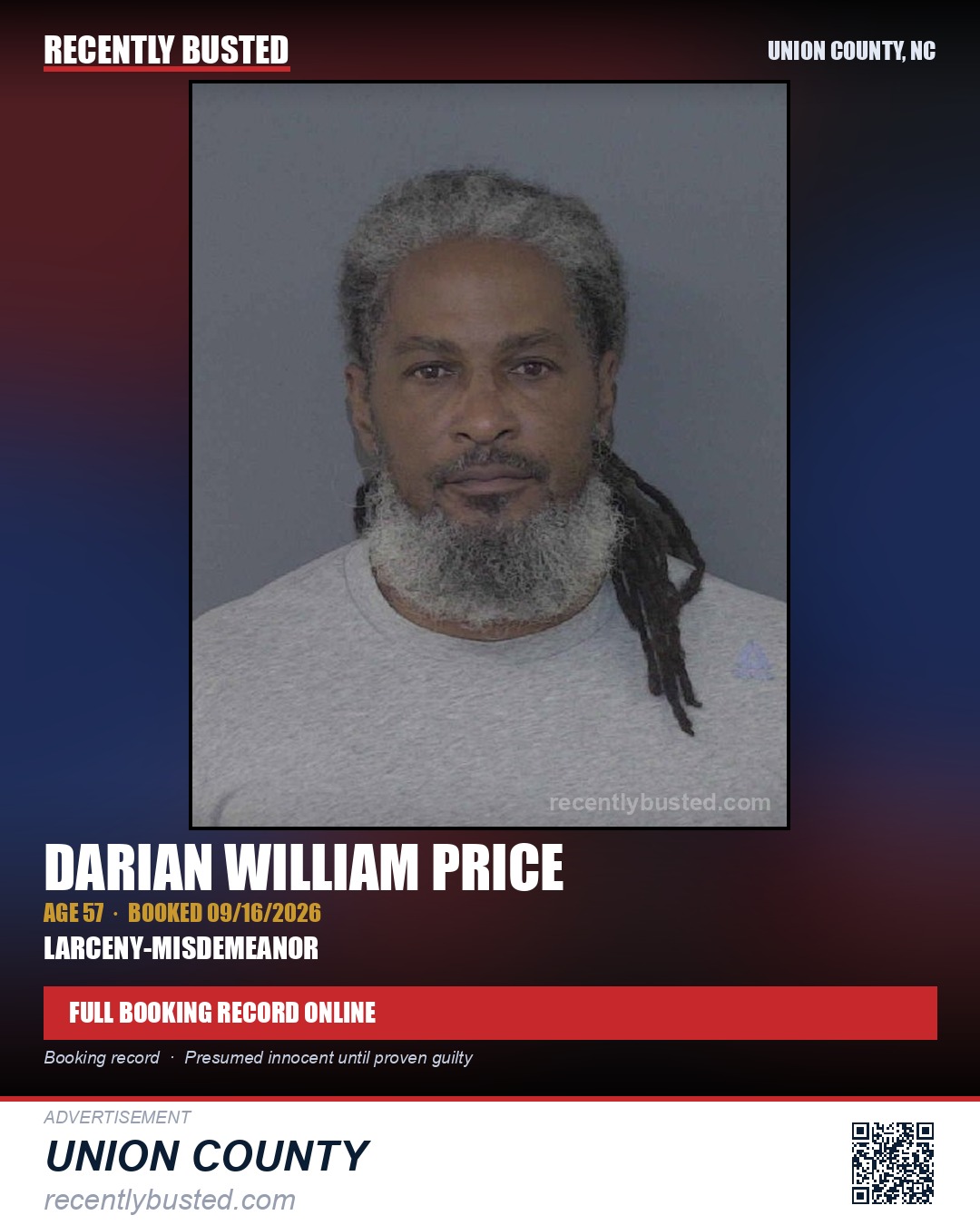 PRICE, DARIAN WILLIAM — arrest record card, Union County, North Carolina