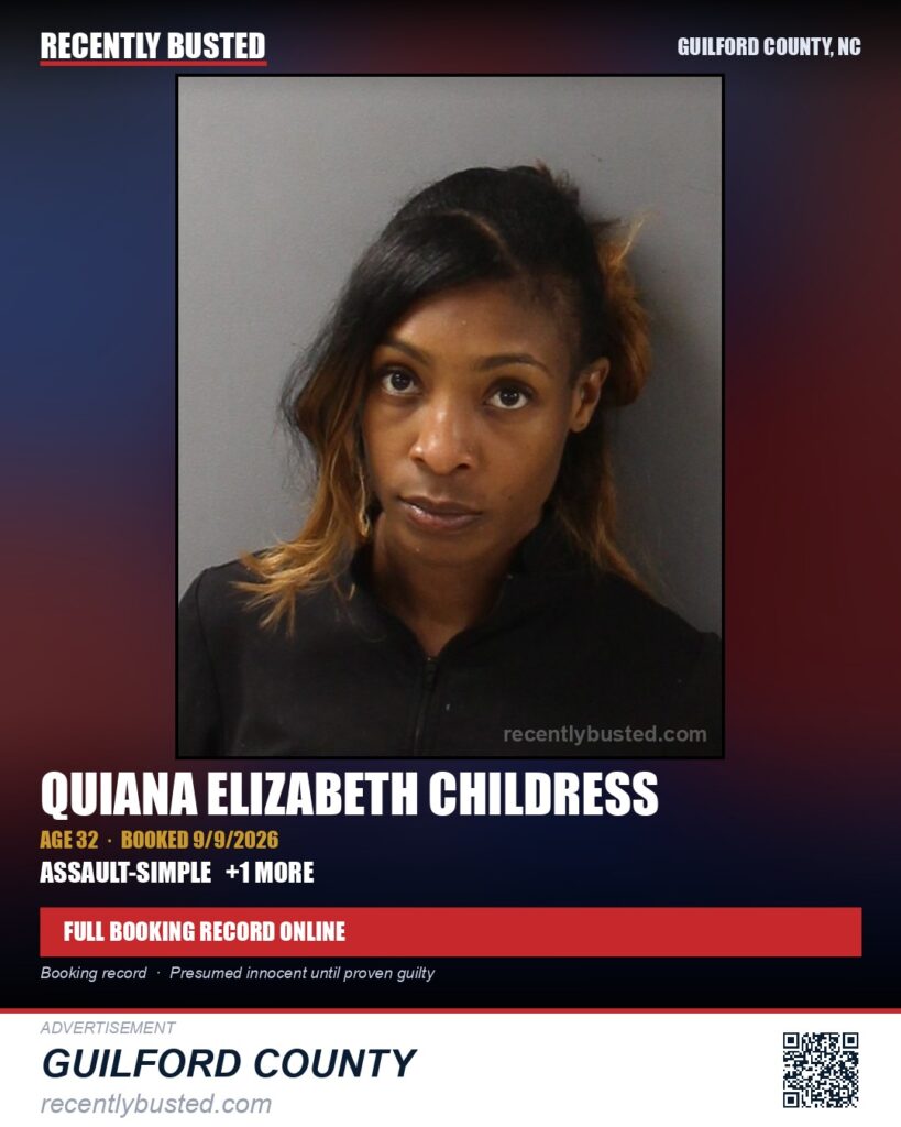 QUIANA ELIZABETH CHILDRESS — arrest record card, Guilford County, North Carolina