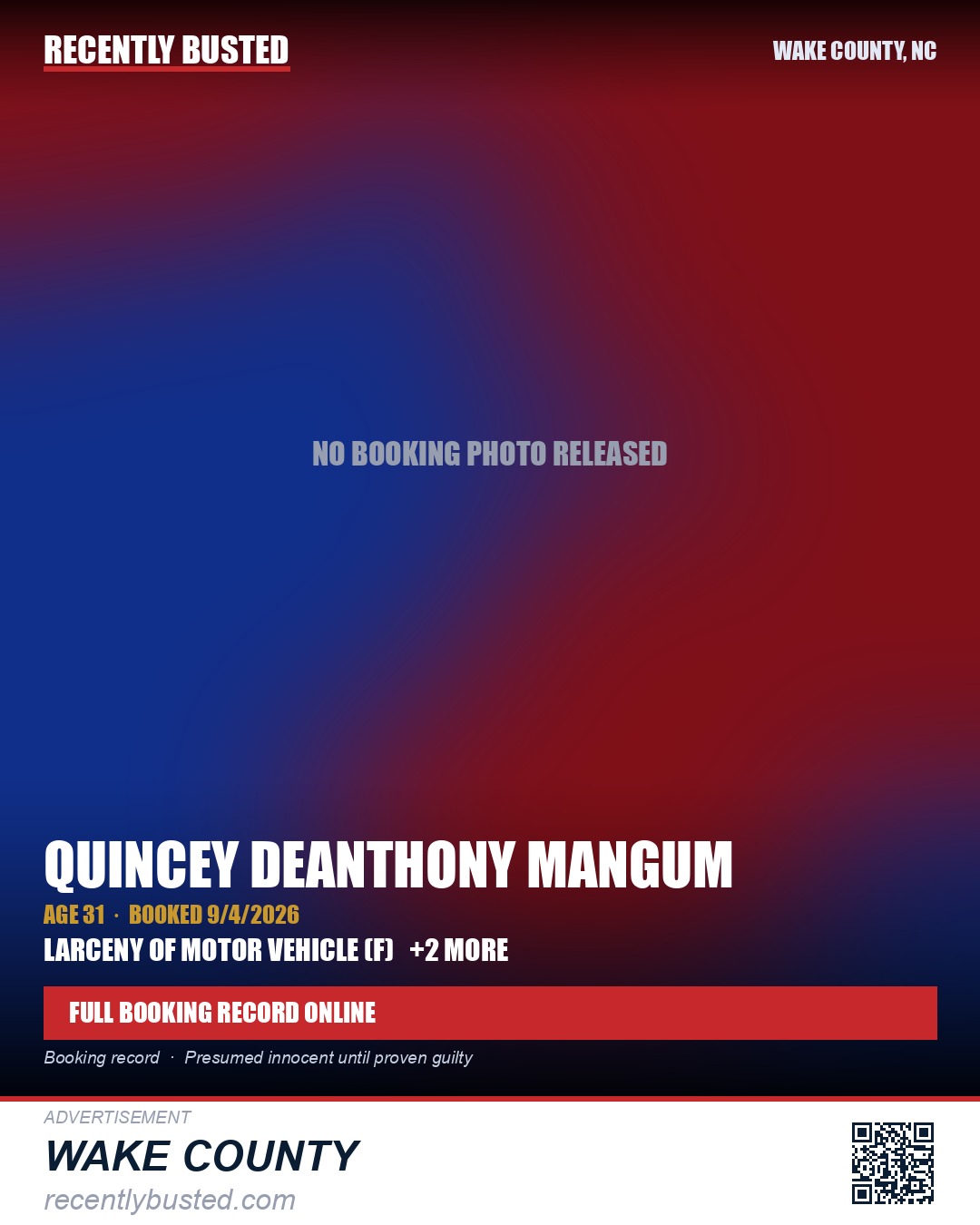 QUINCEY DEANTHONY MANGUM — arrest record card, Wake County, North Carolina